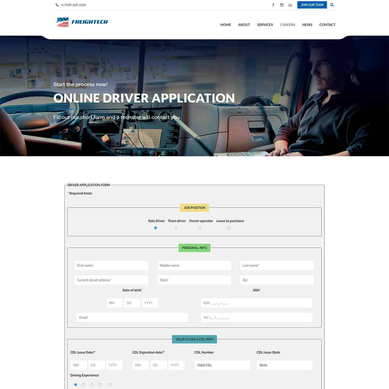 freightech website screenshot application page